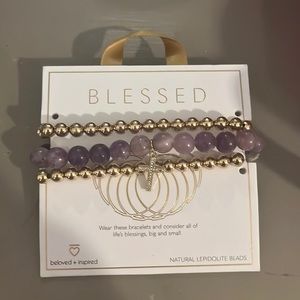 Bracelet set - 1 purple beaded bracelet w/ gold cross & 2 gold beaded bracelets